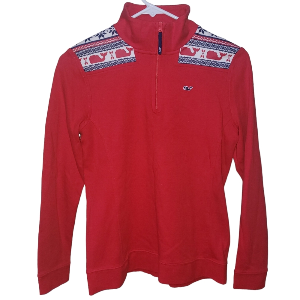 Vineyard Vines Women's Red Fair Isle Whake Yolk 1/4 Zip Pullover Size XS